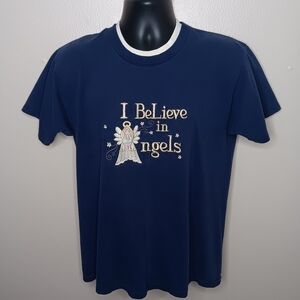 Lot x2 VTG Y2K Angels Adult Large T-shirt Tee Navy Cotton Crew Neck Tultex FOTL